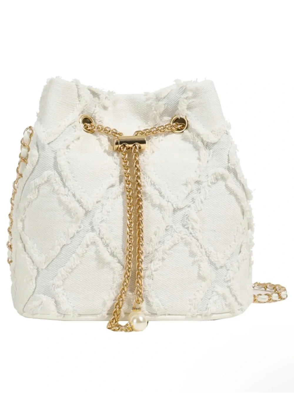 Chic White Textured Drawstring Bucket Bag - Picture 3 of 4